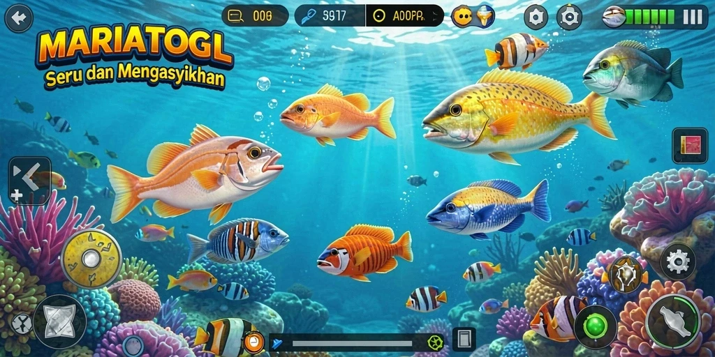 Tampilan gameplay MARIATOGL yang menampilkan aksi menembak ikan.