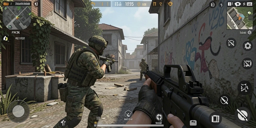 Screenshot gameplay PK95 menampilkan pertempuran FPS yang intens.