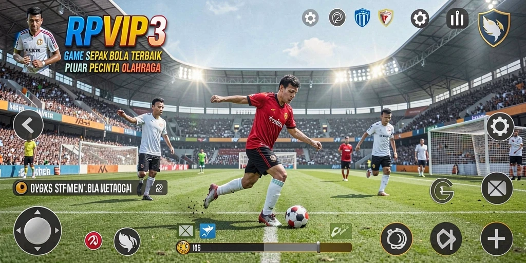 Screenshot utama RPVIP3 menampilkan aksi pertandingan sepak bola yang intens.