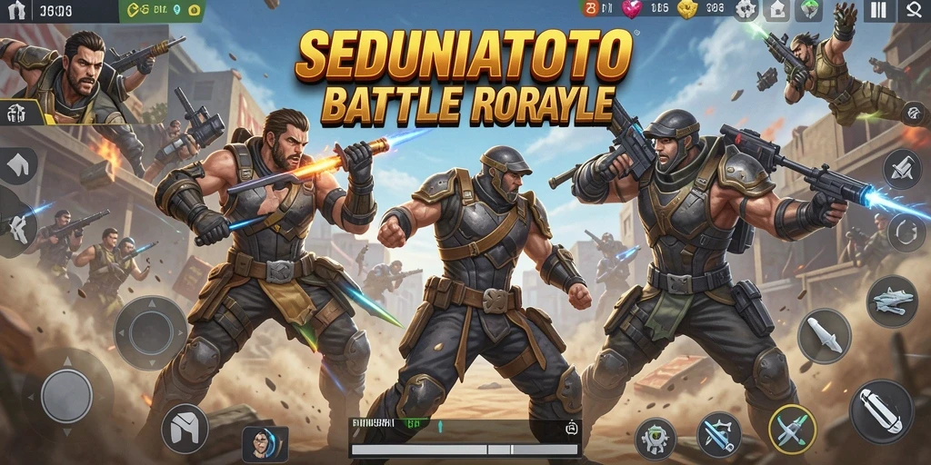 Screenshot utama dari gameplay pertarungan intens di SEDUNIATOTO Battle Royale.