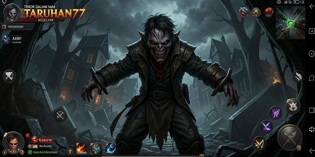 Screenshot gameplay TARUHAN77 menampilkan suasana horor yang mencekam.